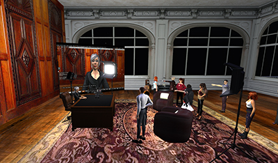 Advance Design Seminar student project in Second Life with intelligent agent and live streamed video feedback. Image by Nicola Marae Allain.