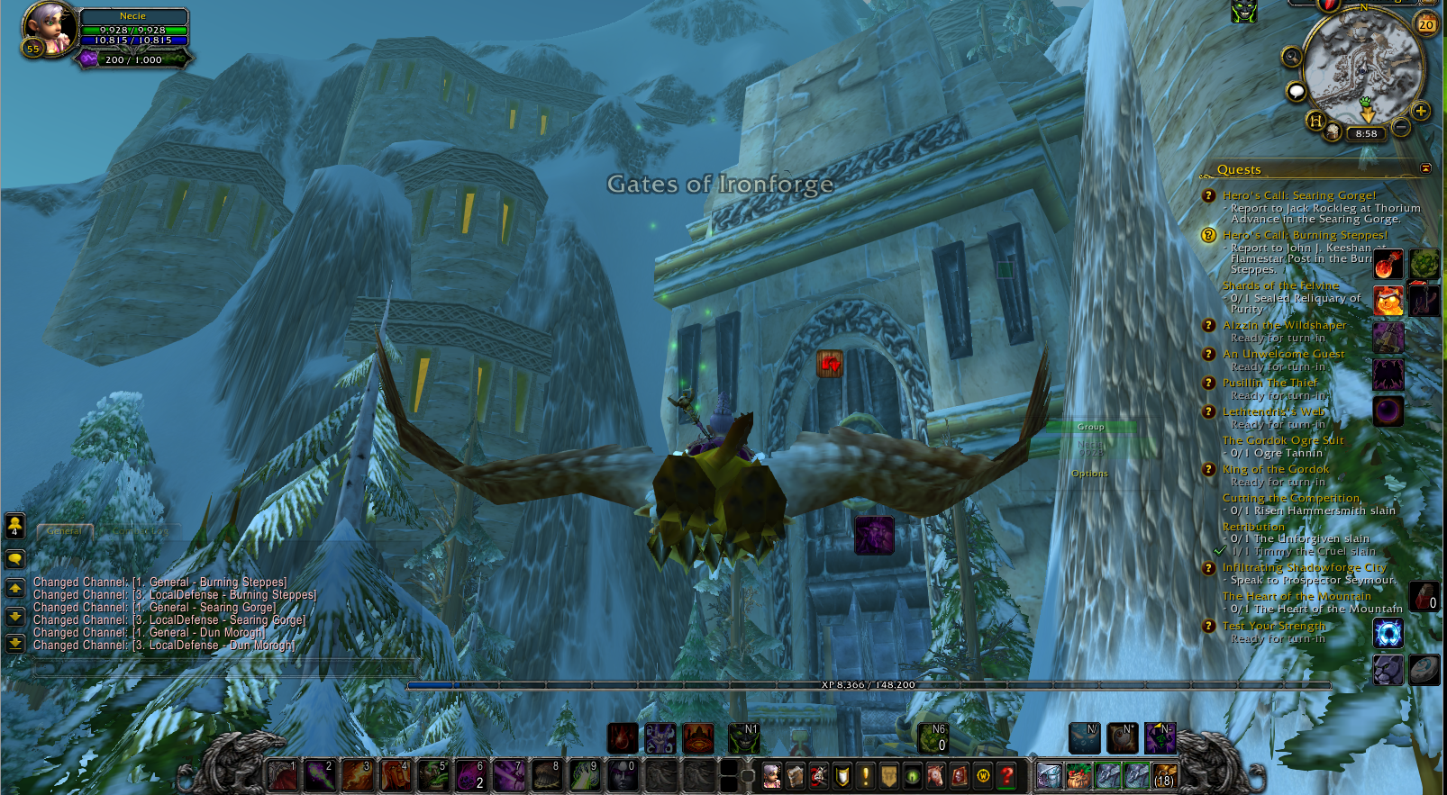 Necie flying into Ironforge. This shows a custom user interface (UI). Image by Jana Allmand-Zeman